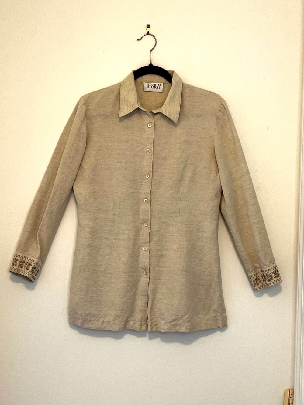 Jessica Sears Vintage Linen Blend Button Up Shirt Womens 10 Cream Embroidered